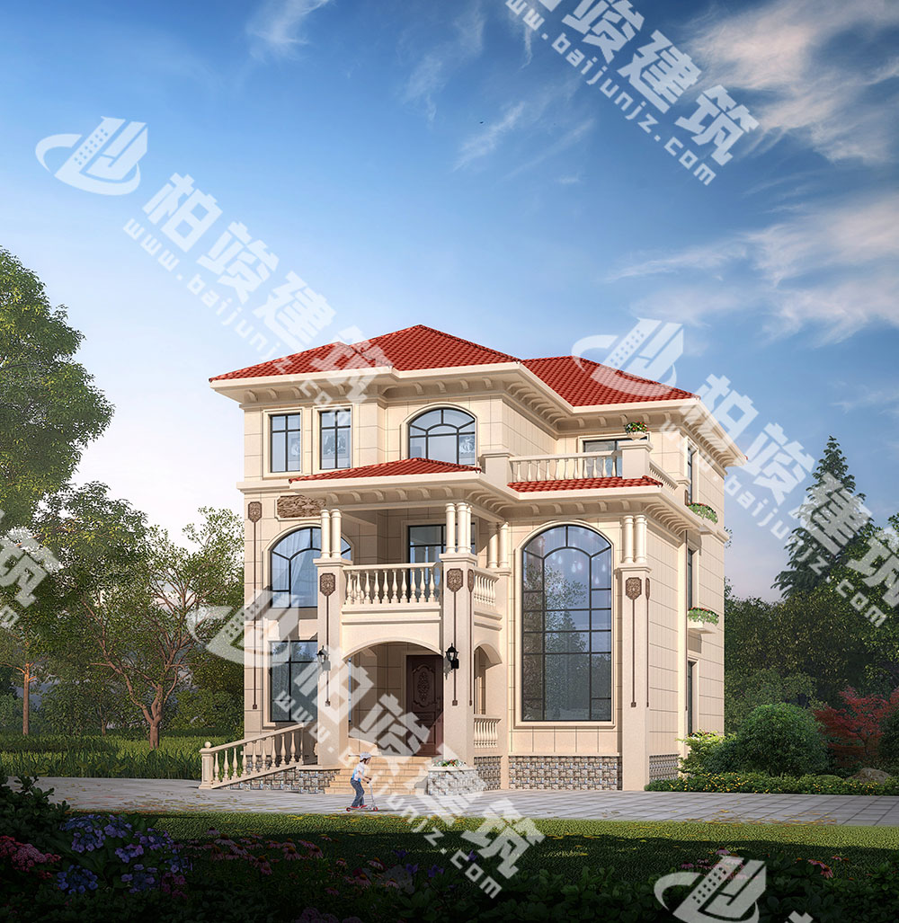 農(nóng)村三層別墅設(shè)計(jì)圖紙，簡(jiǎn)歐風(fēng)格，帶雙層落地窗、輪椅坡道