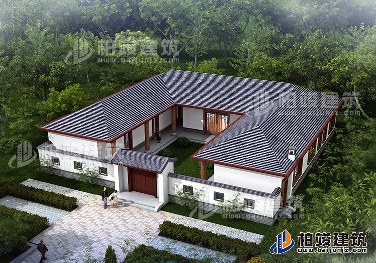 中式三合院平房設(shè)計(jì)圖及效果圖、施工圖BZ168-新中式風(fēng)格