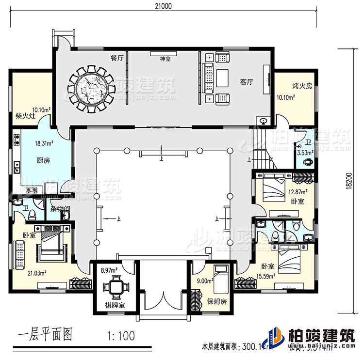 一層：客廳，餐廳，烤火房，廚房，4衛(wèi)生間，3臥室，雜物間，棋牌室，保姆房
