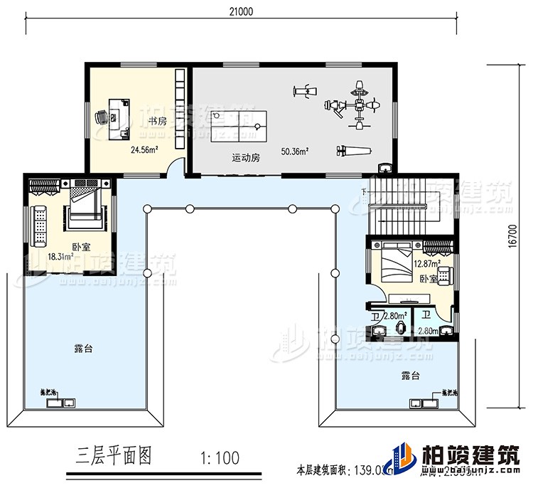 三層：書房，運動房，2臥室，2衛(wèi)生間，露臺
