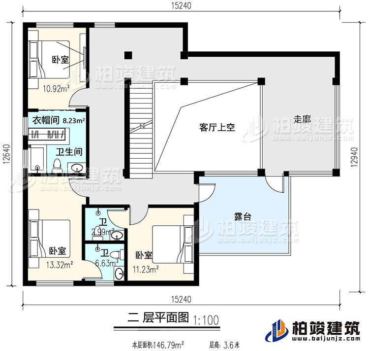 二層：3臥室，內(nèi)衛(wèi)，公衛(wèi)，起居室，樓梯，陽臺，露臺，書房