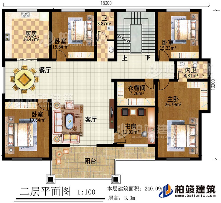 二層：4臥室，客廳，書(shū)房，衣帽間，廚房，餐廳，2衛(wèi)生間，陽(yáng)臺(tái)