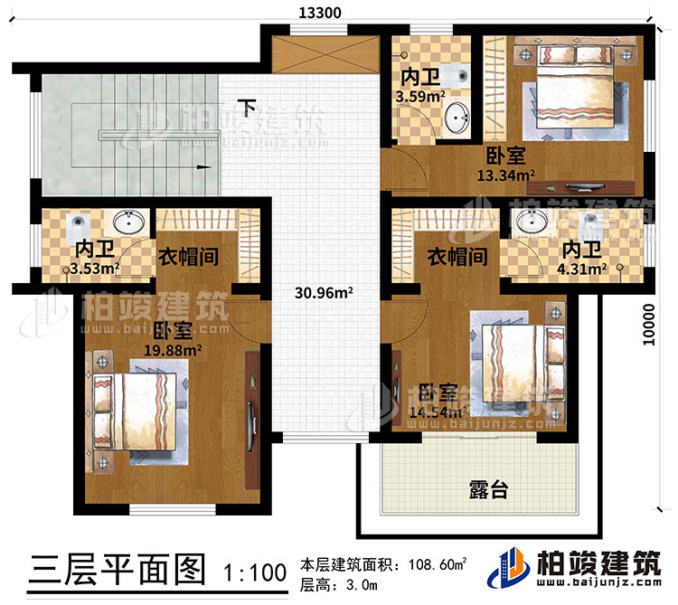 三層：3臥室、2衣帽間、3內(nèi)衛(wèi)、露臺(tái)