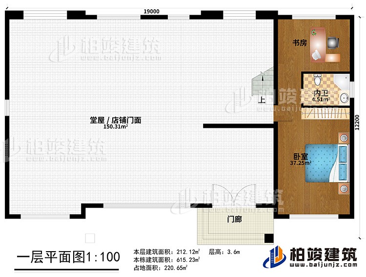一層：門(mén)廊、堂屋/店鋪門(mén)面、臥室、書(shū)房、內(nèi)衛(wèi)