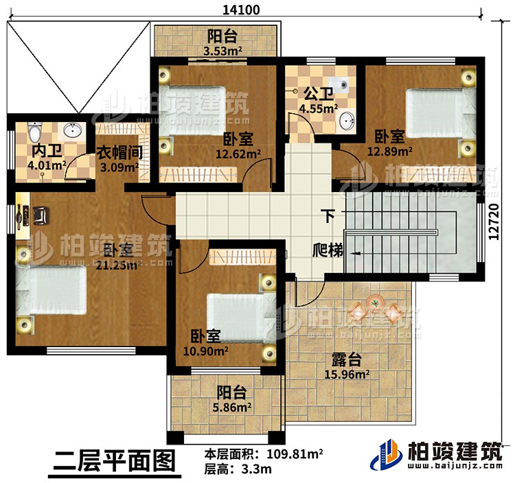 二層：4臥室，公衛(wèi)，內(nèi)衛(wèi)，2陽(yáng)臺(tái)，露臺(tái)