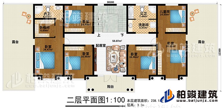 二層：5臥室、兒童房、公衛(wèi)、洗漱間、內(nèi)衛(wèi)、起居室、2露臺(tái)、陽(yáng)臺(tái)