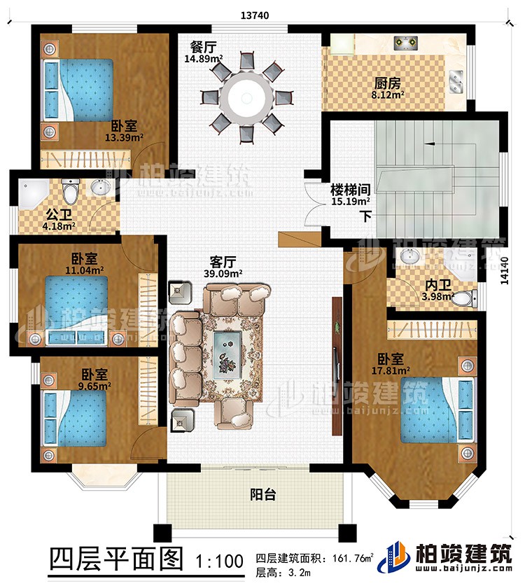 四層：陽(yáng)臺(tái)、客廳、餐廳、樓梯間、廚房、4臥室、公衛(wèi)、內(nèi)衛(wèi)