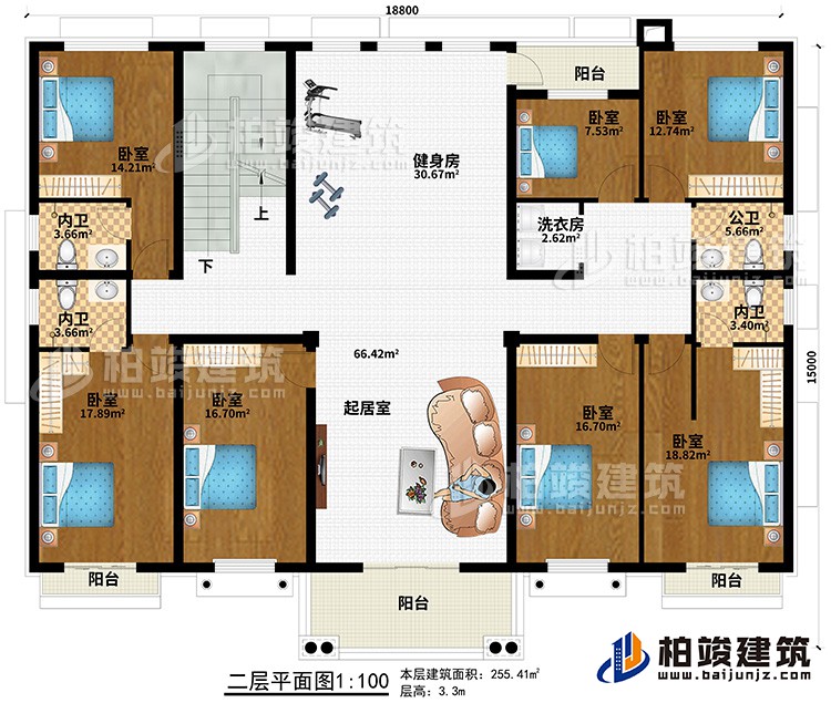 二層：7臥室、起居室、健身房、3內衛(wèi)、公衛(wèi)、洗衣房、4陽臺