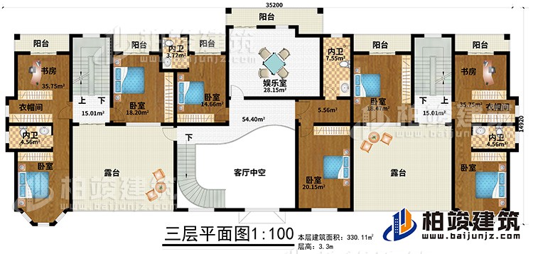 三層：6臥室、2衣帽間、2書房、4內(nèi)衛(wèi)、娛樂室、6陽臺(tái)、2露臺(tái)、客廳中空