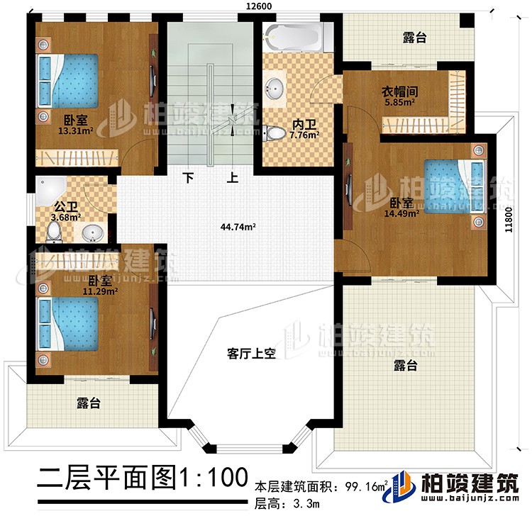 二層：3臥室，衣帽間、公衛(wèi)、內(nèi)衛(wèi)、3露臺、客廳上空