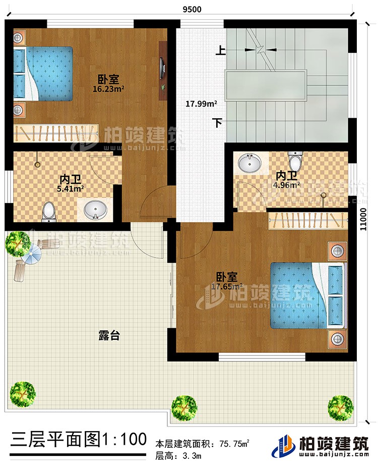 三層：2臥室、2內(nèi)衛(wèi)、露臺(tái)