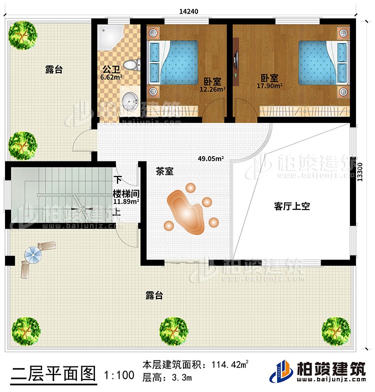 二層：客廳上空、茶室、樓梯間、2臥室、公衛(wèi)、2露臺(tái)