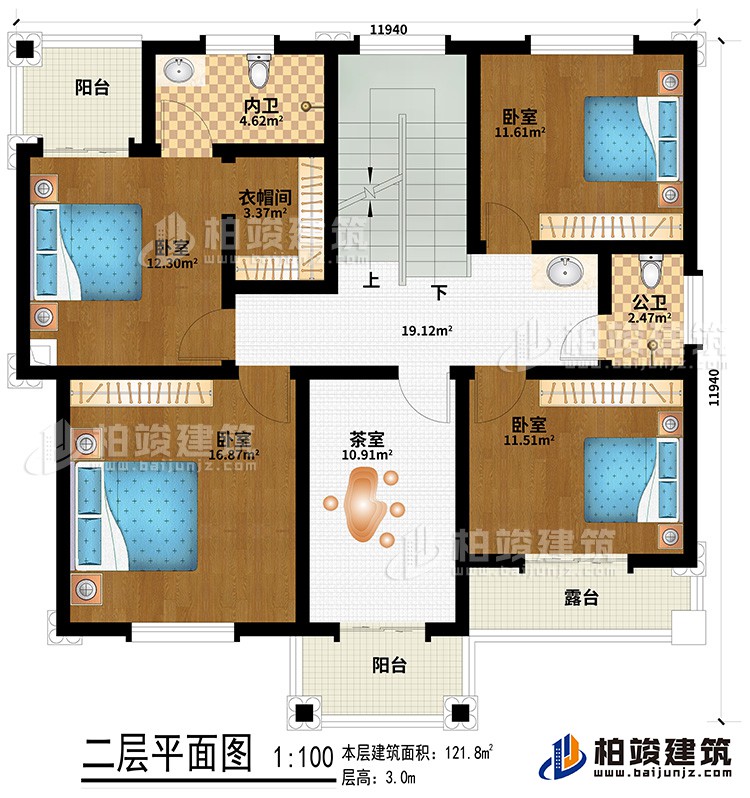 二層：4臥室、衣帽間、茶室、公衛(wèi)、內(nèi)衛(wèi)、2陽臺、露臺
