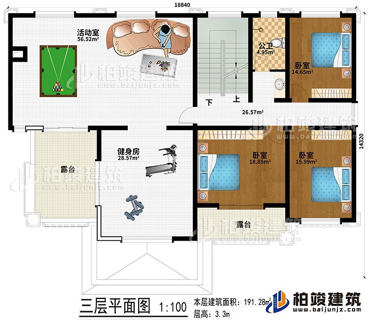 三層：健身房、活動室、3臥室、公衛(wèi)、２露臺