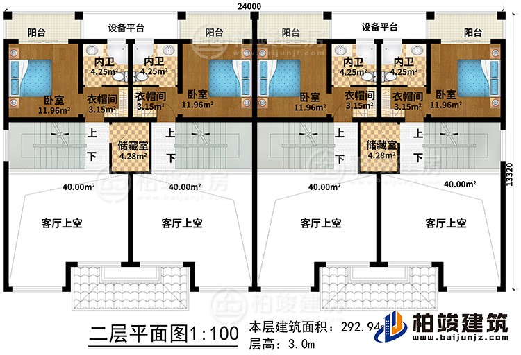 二層：4客廳上空、2儲藏室、4臥室、4衣帽間、4內(nèi)衛(wèi)、4陽臺