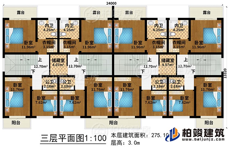 三層：12臥室、4公衛(wèi)、4內(nèi)衛(wèi)、2儲藏室、4衣帽間、3陽臺、4露臺