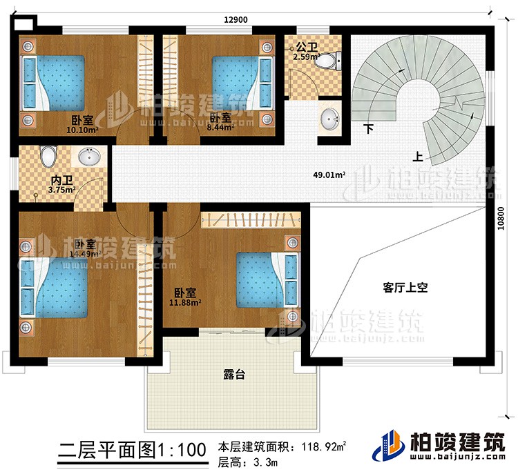 二層：4臥室、公衛(wèi)、內(nèi)衛(wèi)、客廳上空、露臺