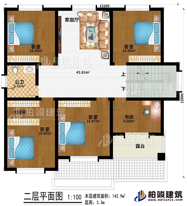 二層：4臥室、公衛(wèi)、衣帽間、書房、露臺、家庭廳