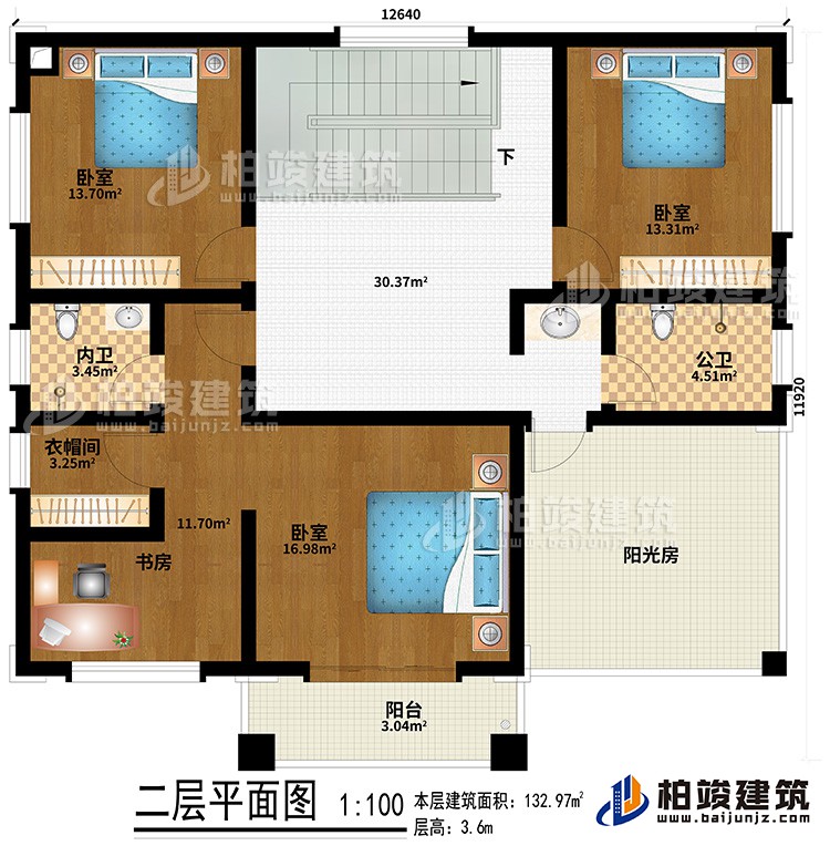 二層：3臥室、內(nèi)衛(wèi)、衣帽間、公衛(wèi)、陽光房、陽臺、書房