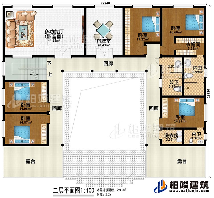 二層：多功能廳（影音室）、棋牌室、5臥室、衣帽間、公衛(wèi)、2內(nèi)衛(wèi)、洗衣房、3回廊、2露臺(tái)