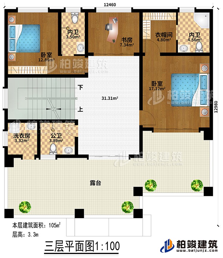 三層：2臥室、衣帽間、書房、2內(nèi)衛(wèi)、公衛(wèi)、洗衣房、露臺(tái)