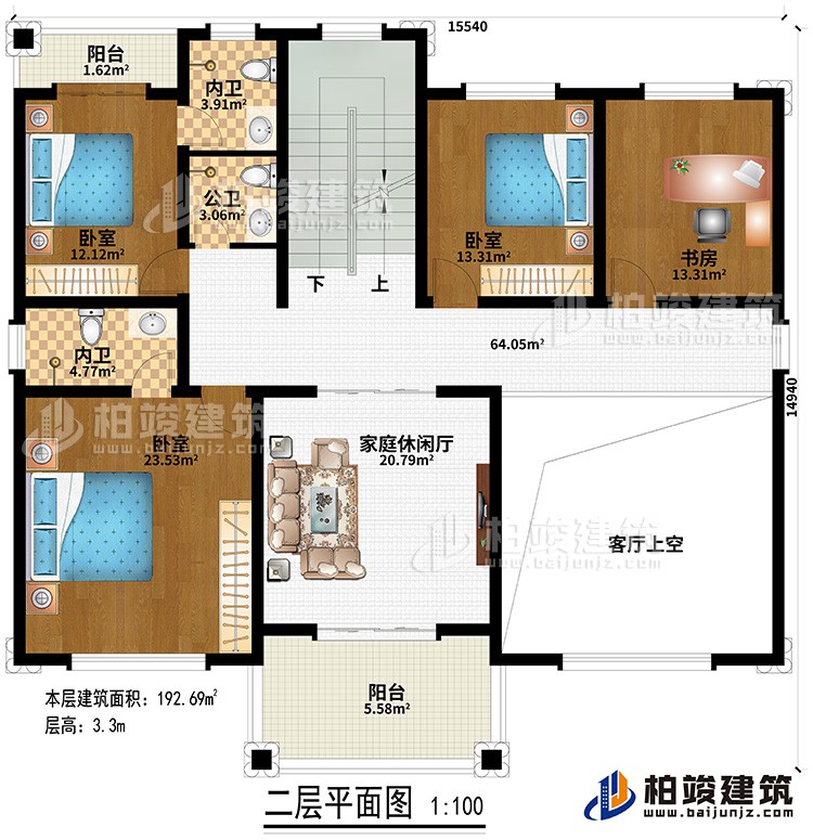 二層：客廳上空、2陽臺、3臥室、書房、2內(nèi)衛(wèi)、公衛(wèi)、家庭休閑廳