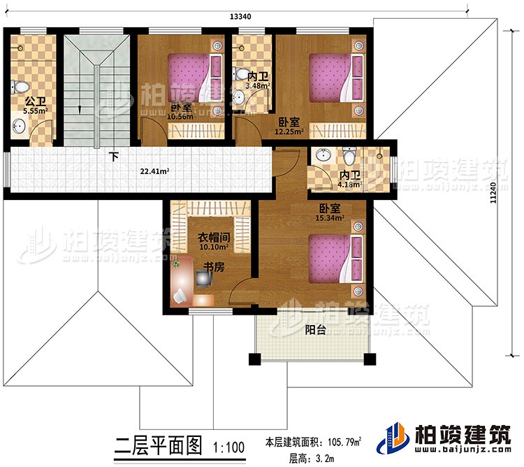 二層：3臥室，3衛(wèi)，客廳，陽臺，衣帽間/書房