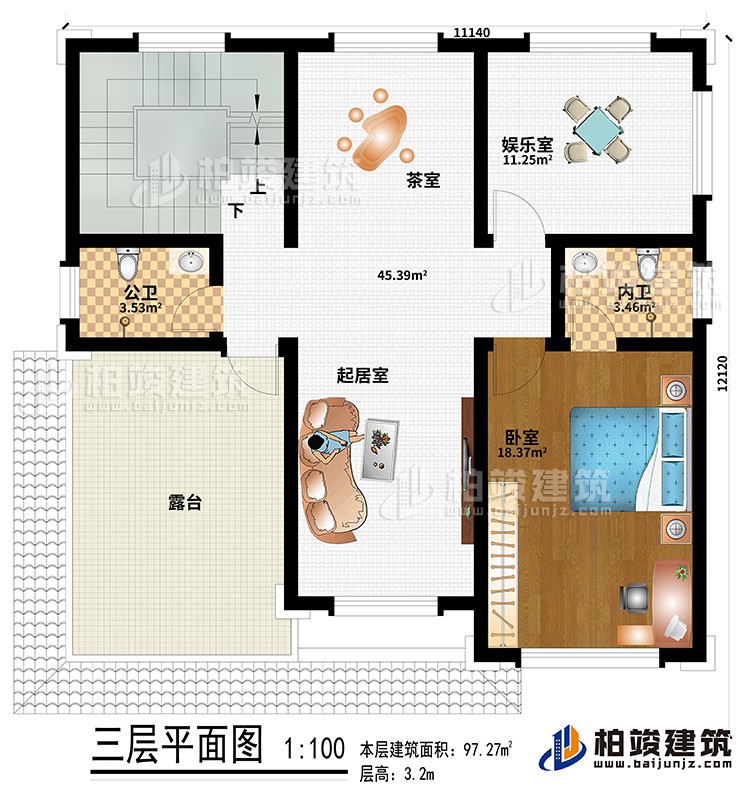 三層：起居室、茶室、娛樂(lè)室、公衛(wèi)、內(nèi)衛(wèi)、臥室、露臺(tái)