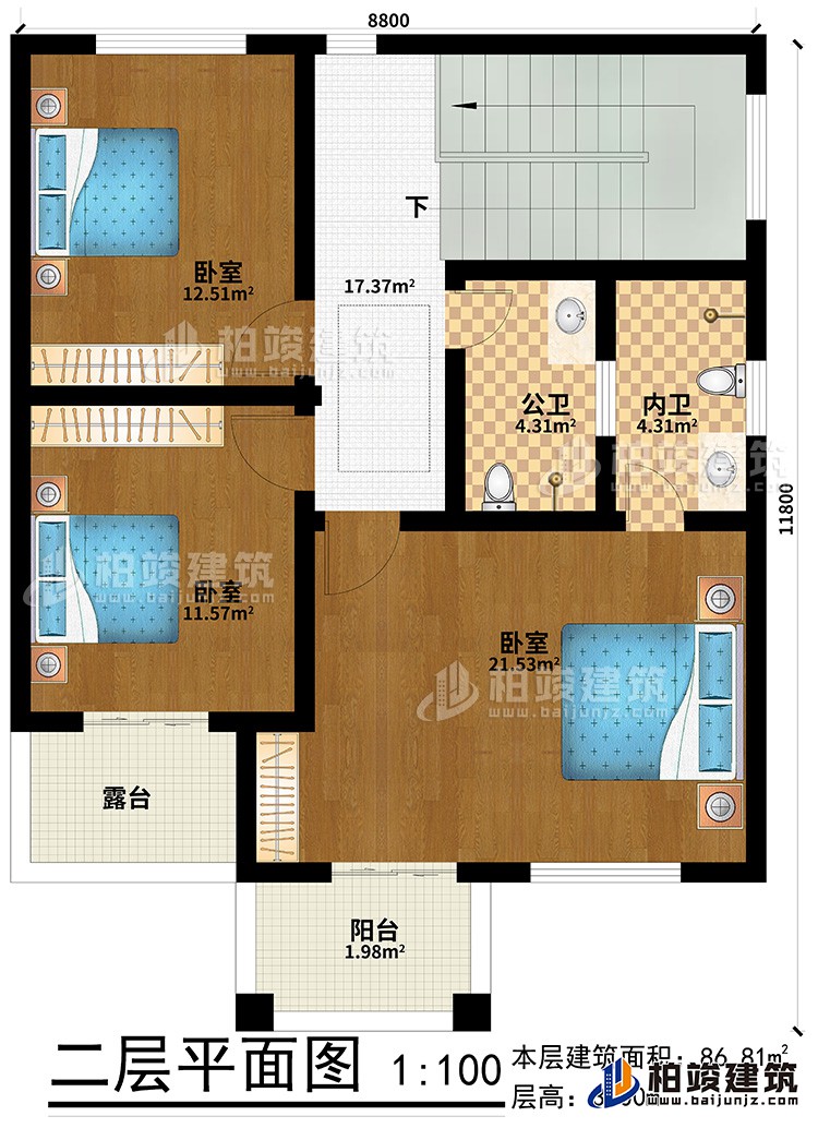 二層：3臥室、公衛(wèi)、內(nèi)衛(wèi)、陽(yáng)臺(tái)、露臺(tái)