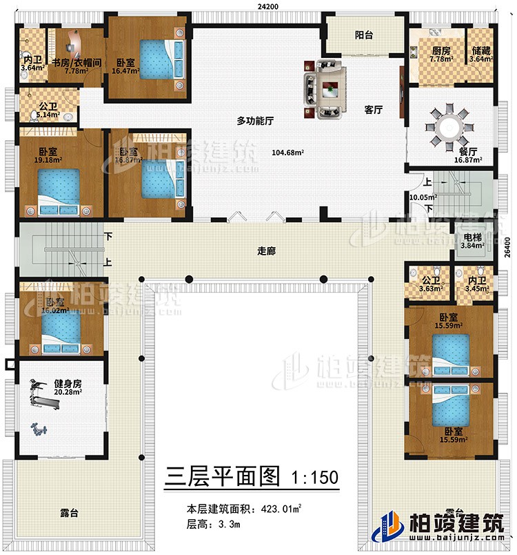 三層：健身房、6臥室、書房/衣帽間、2內(nèi)衛(wèi)、2公衛(wèi)、多功能廳、客廳、陽臺、餐廳、廚房、儲藏、電梯、2露臺