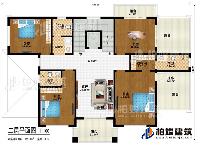 二層：3臥室、衣帽間、2內(nèi)衛(wèi)、公衛(wèi)、客廳、書房、衣帽間、2陽(yáng)臺(tái)、2露臺(tái)、涼亭