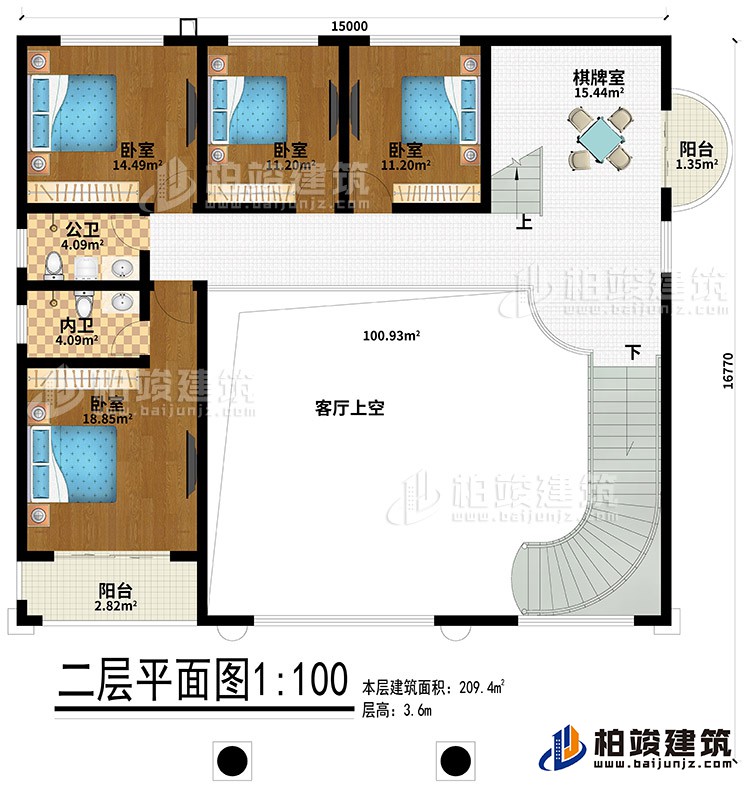二層：4臥室、公衛(wèi)、內(nèi)衛(wèi)、棋牌室、2陽臺(tái)、客廳上空