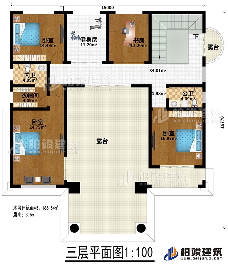 三層：3臥室、健身房、衣帽間、內(nèi)衛(wèi)、公衛(wèi)、健身房、書房、2露臺(tái)