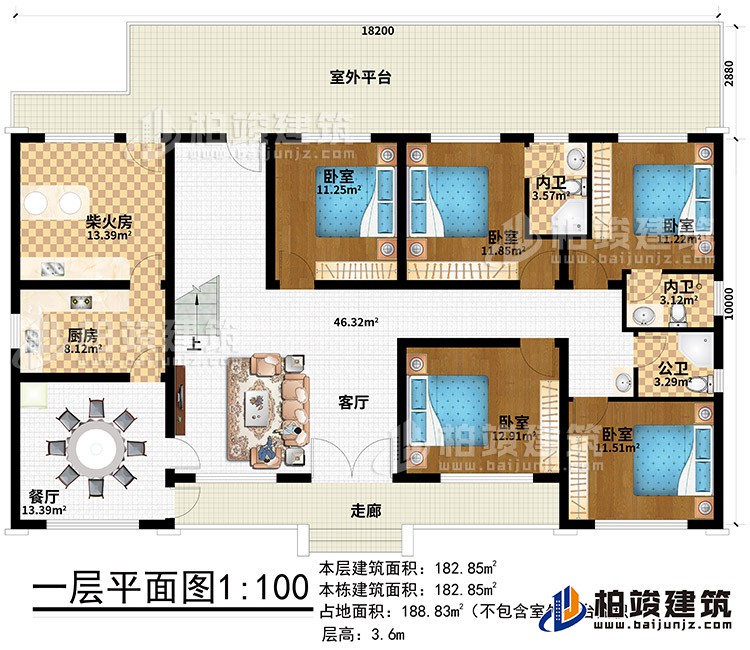 一層：走廊、客廳、餐廳、廚房、柴火房、室外平臺、5臥室、2內衛(wèi)、公衛(wèi)