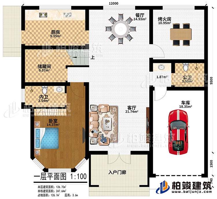 一層：入戶門廊、客廳、車庫、烤火房、餐廳、廚房、儲(chǔ)藏間、臥室、公衛(wèi)、內(nèi)衛(wèi)