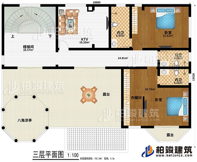 三層：樓梯間、KTV、2臥室、衣帽間、2內衛(wèi)、公衛(wèi)、2露臺、八角涼亭