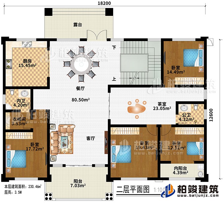 二層：客廳、餐廳、廚房、茶室、4臥室、衣帽間、內(nèi)衛(wèi)、公衛(wèi)、2陽臺、露臺