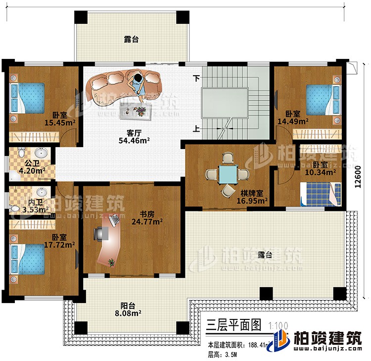 三層：客廳、4臥室、書房、棋牌室、內(nèi)衛(wèi)、公衛(wèi)、陽臺、2露臺
