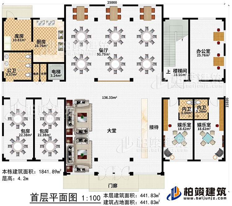 一層：門廊、大堂、接待、2娛樂室、2內(nèi)衛(wèi)、辦公室、樓梯間、餐廳、電梯、電井、水井、廚房、庫房、公衛(wèi)、2包房