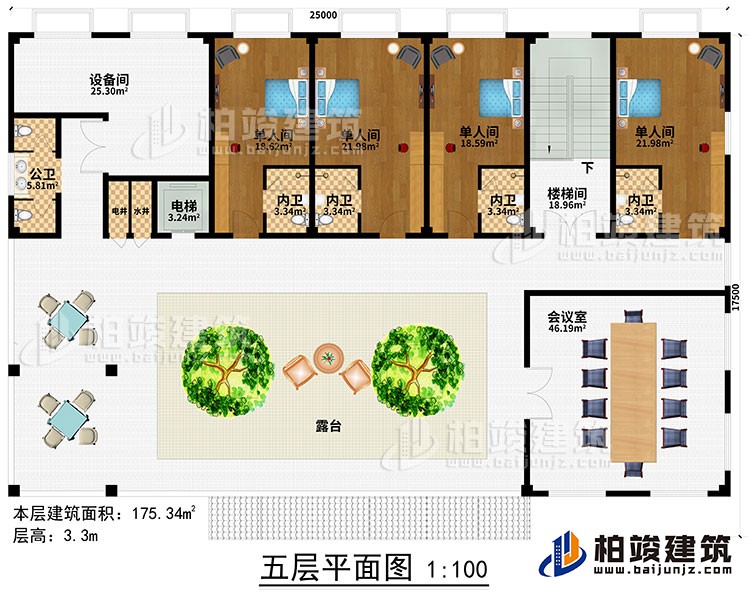 五層：樓梯間、過道、電梯、水井、電井、4單人間、4內(nèi)衛(wèi)、公衛(wèi)、露臺、會議