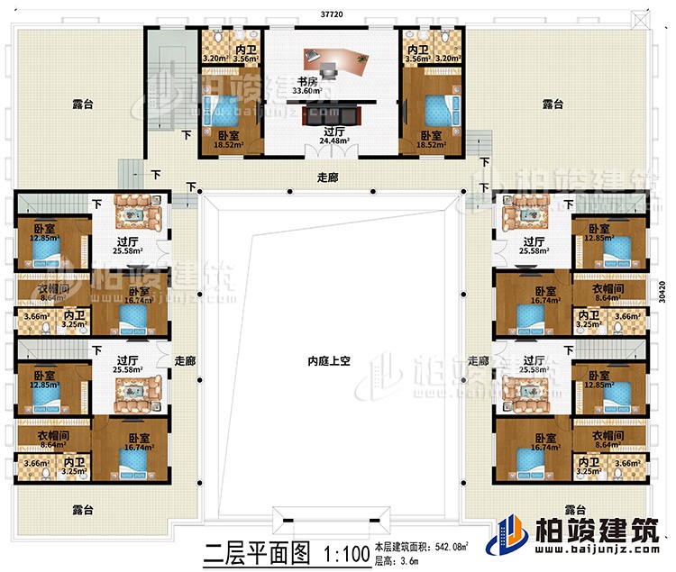 二層：內(nèi)庭上空、5過廳、書房、3走廊、4露臺、10臥室、4衣帽間、6內(nèi)衛(wèi)