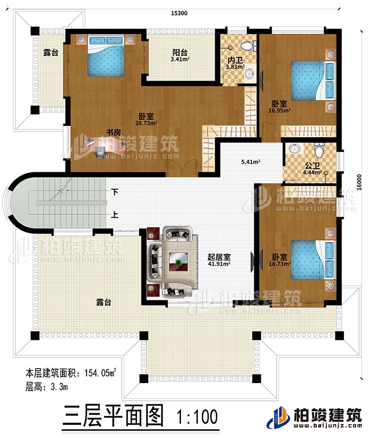 三層：起居室、3臥室、書房、公衛(wèi)、內(nèi)衛(wèi)、陽(yáng)臺(tái)、2露臺(tái)