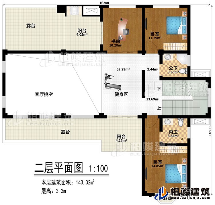 二層：健身區(qū)、客廳挑空、書房、2臥室、公衛(wèi)、內(nèi)衛(wèi)、2陽臺、3露臺