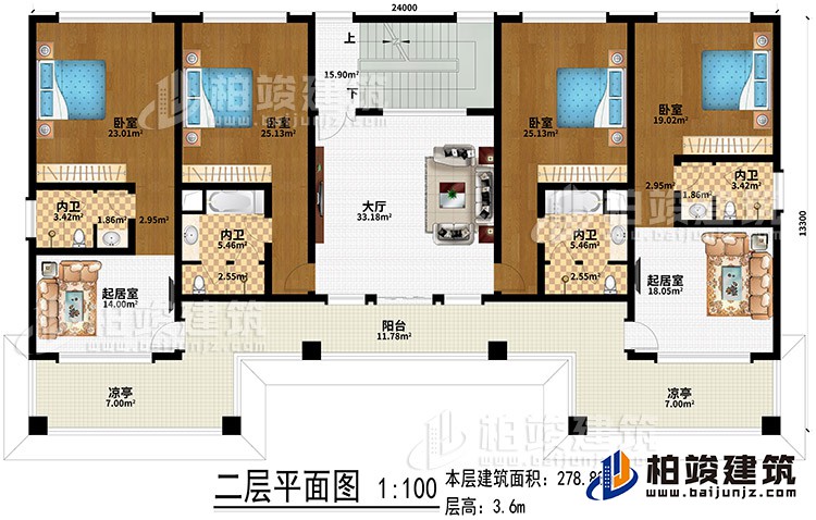 二層：大廳、2起居室、4臥室、4內(nèi)衛(wèi)、陽(yáng)臺(tái)、2涼亭