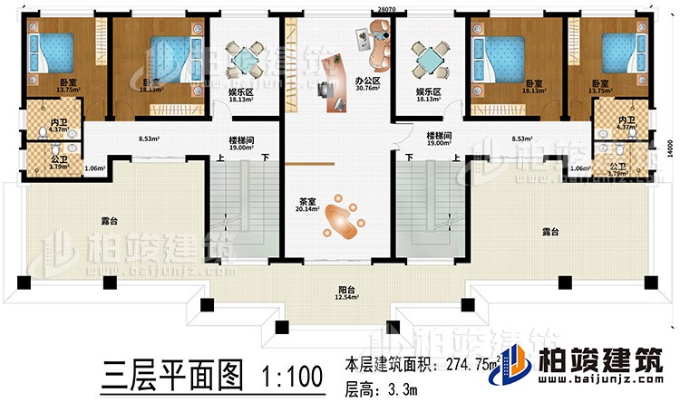 三層：辦公區(qū)、茶室、2樓梯間、2娛樂區(qū)、4臥室、2公衛(wèi)、2內(nèi)衛(wèi)、2露臺