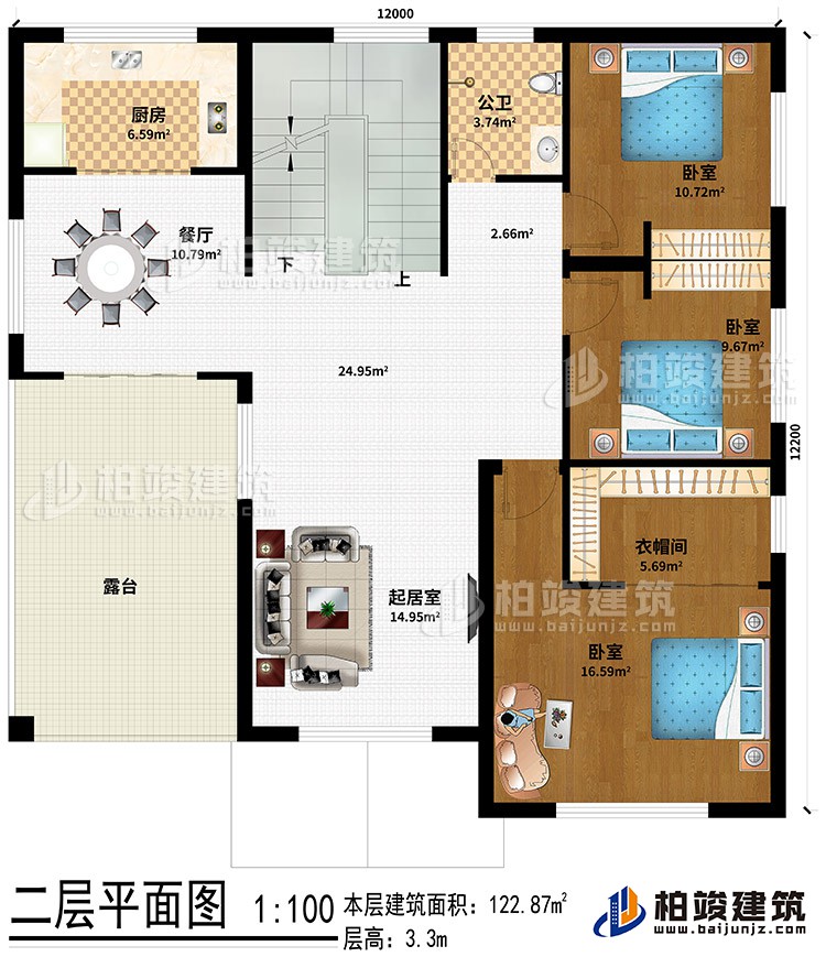 二層：起居室、餐廳、廚房、公衛(wèi)、3臥室、衣帽間、露臺