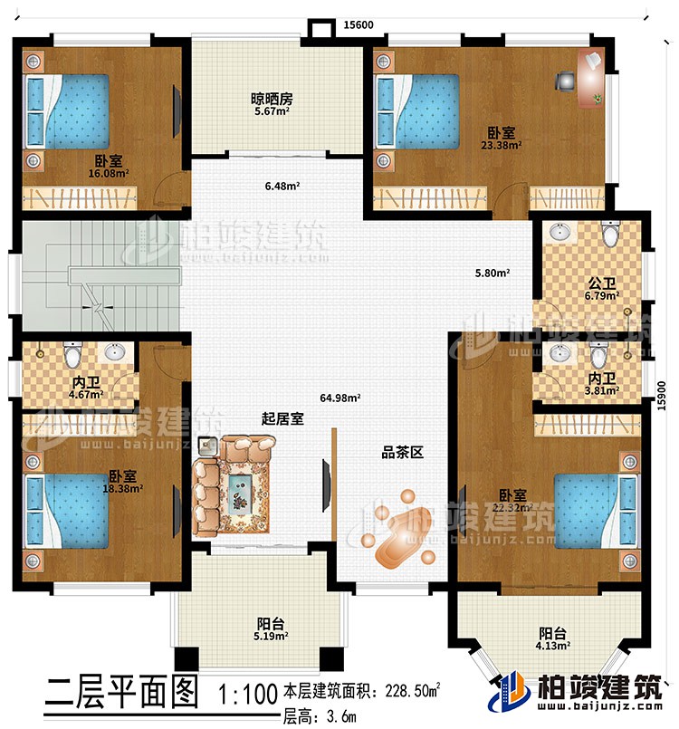 二層：起居室、品茶區(qū)、4臥室、公衛(wèi)、2內(nèi)衛(wèi)、晾曬房、2陽臺