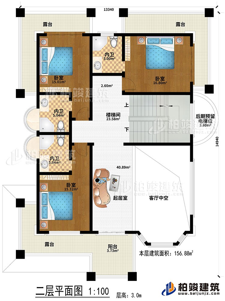 二層：起居室、客廳中空、樓梯間、3臥室、3內(nèi)衛(wèi)、陽(yáng)臺(tái)、3露臺(tái)、后期預(yù)留電梯位