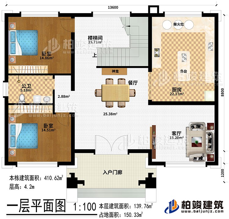 一層：入戶門廊、客廳、餐廳、廚房、神龕、島臺、柴火灶、樓梯間、公衛(wèi)、2臥室