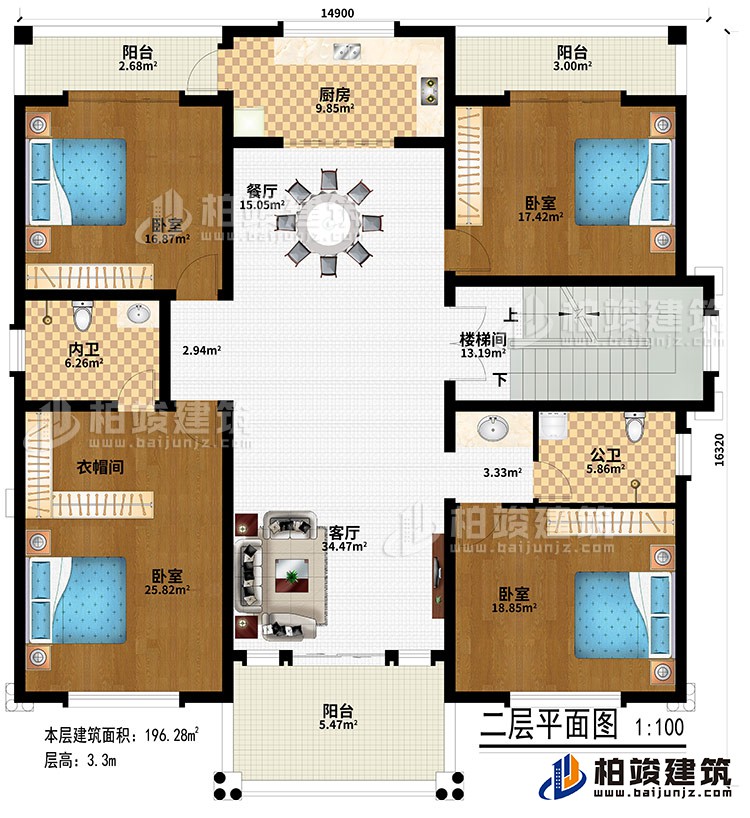 二層：客廳、樓梯間、餐廳、廚房、4臥室、衣帽間、公衛(wèi)、內(nèi)衛(wèi)、3陽臺